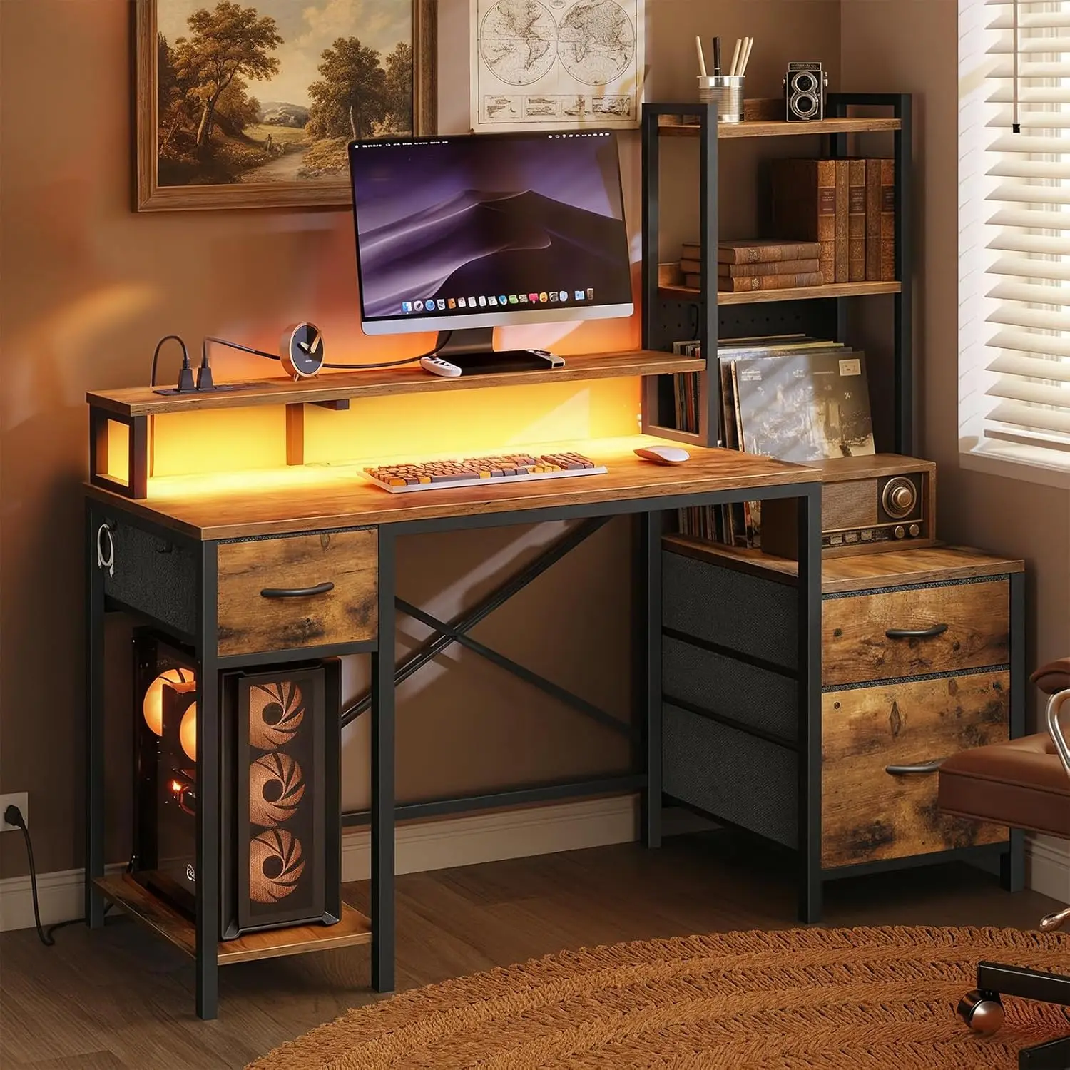 

Игровой стол 55 дюймов с местом для хранения, ящиками, розеткой, полками, подставкой для монитора, LED-подсветкой, перфорированной панелью, цвет рустик-коричневый, на заказ