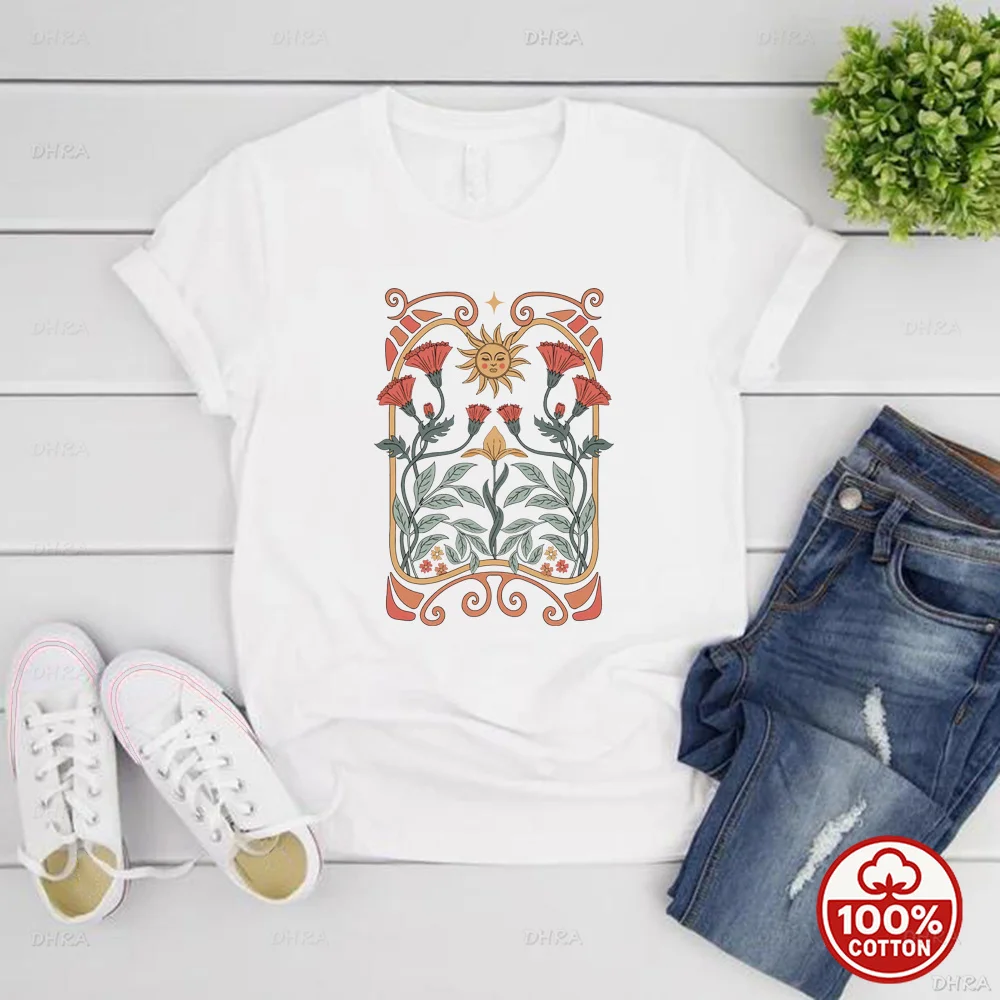 Boho Celestial Sun and Wildflowers T-Shirt, Art Nouveau Floral Nature Graphic Tee, Vintage Mystical Casual Top for Women