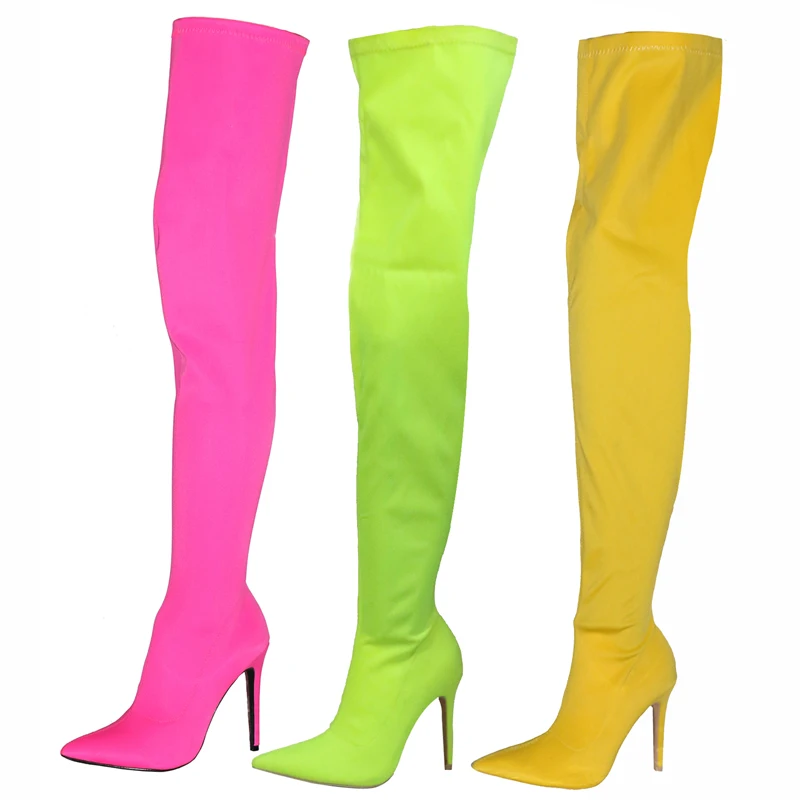 Candy Colors Stretch Lycra Boots Pointed Toe Slim Leg Thigh Boots 10 cm High Heels Long Boots Over the Knee Boots