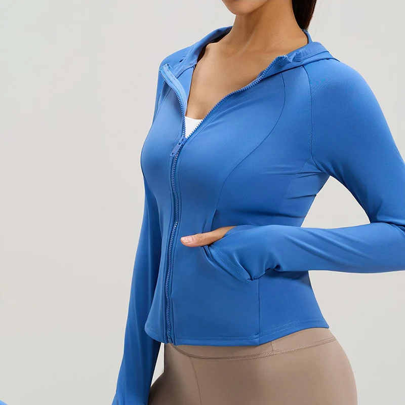 เสื้อแจ็คเก็ตมีฮู้ดสำหรับออกกำลังกายผู้หญิง ฤดูใบไม้ผลิ ฤดูใบไม้ร่วง มีซิป มีกระเป๋า เสื้อฮู้ดสำหรับปั่นจักรยาน ผู้หญิง วิ่งกลางแจ้ง ชุดกีฬาลำลอง ผู้หญิง