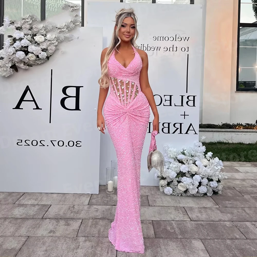 Luxueux sirène femmes licou cou perlé robes De Soirée personnalisé robes Para Mujer robes De bal paillettes Robe De Soirée