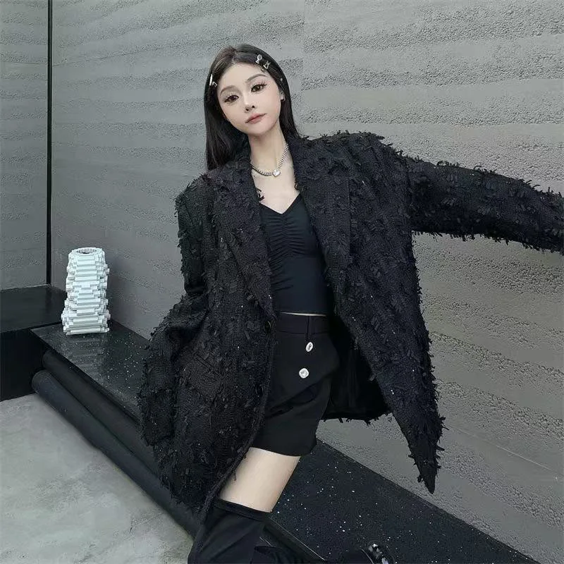 سترة بدلة سوداء منسوجة على طراز الشارع للخريف/الشتاء بدلة كاجوال فضفاضة مع هامش للرجال والنساء