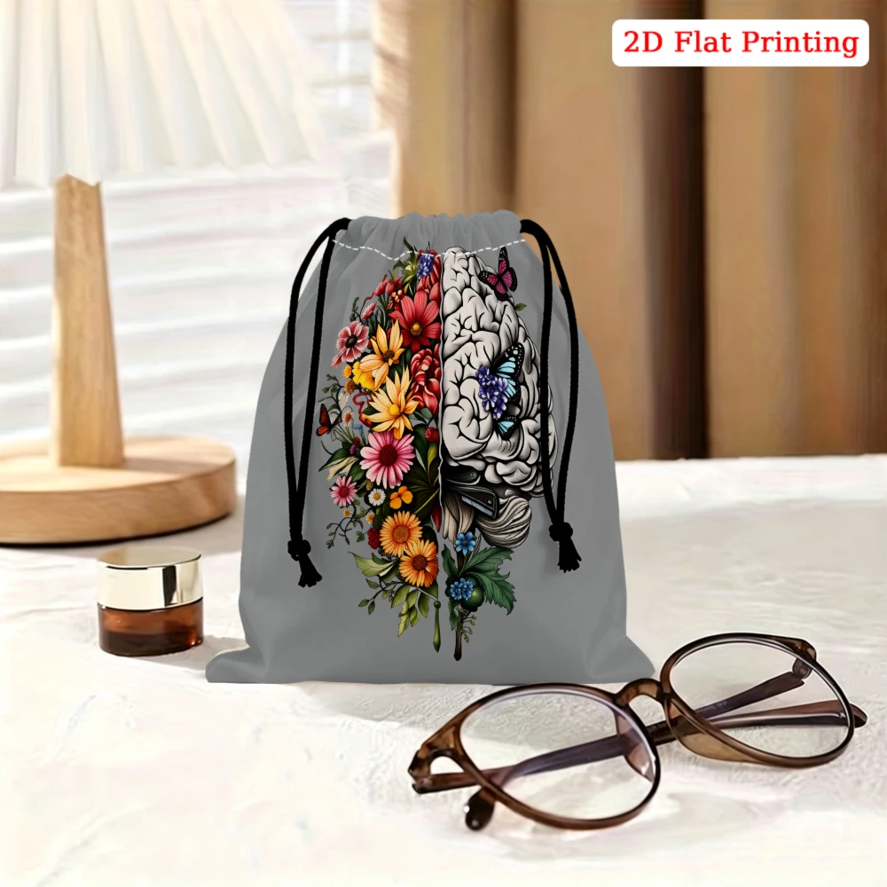 1Pc Floral Brain Print Drawstring Bag Gray Storage Small Pouch For Glasses Cosmetics Travel Organizer Portable Gift For Women