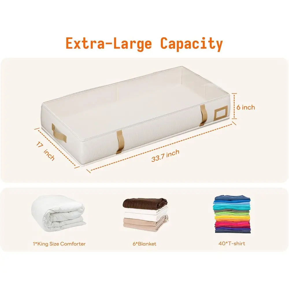 حاويات تخزين باللونين البيج والبني سعة 60 لترًا مع مقابض جلدية للسرير تحت السرير والملابس والأدوات الموسمية
