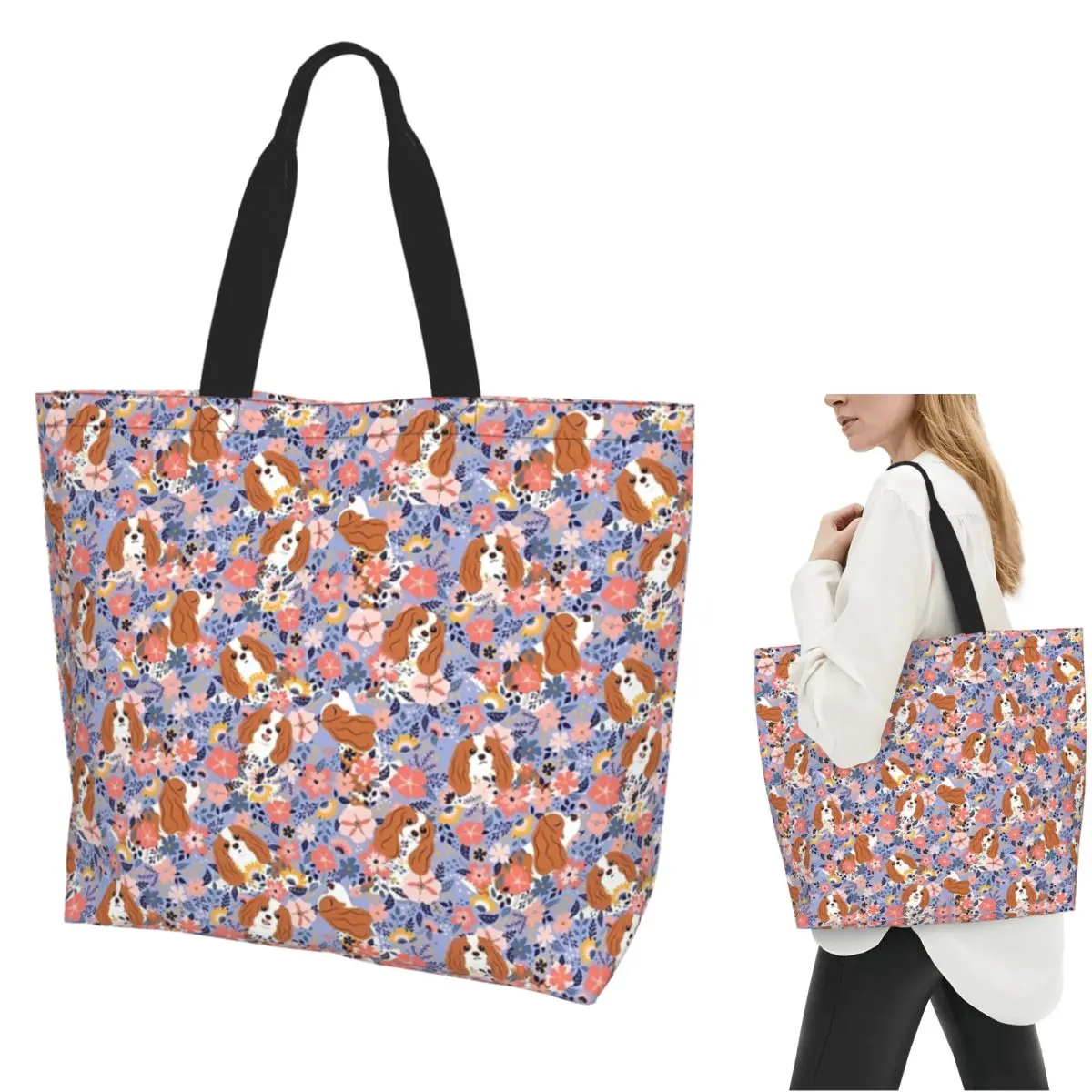 

Cute Cavalier King Charles Spaniel Garden Shopping Tote Bag Canvas Large Capacity Shoulder Bag Shopper Grocery Handbag for Women
