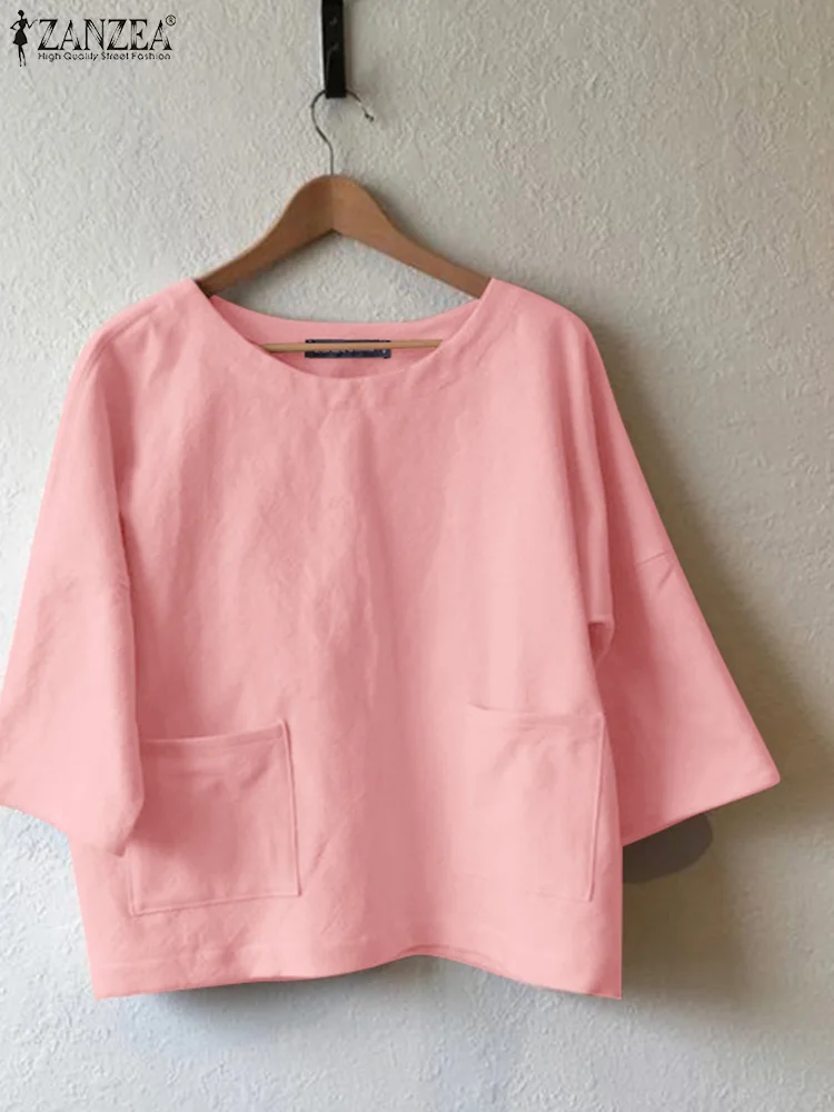 

ZANZEA женские винтажные хлопковые льняные блузки повседневные свободные с круглым вырезом 3/4 рукава передние карманы Blusas Mujer дневная одежда однотонные топы