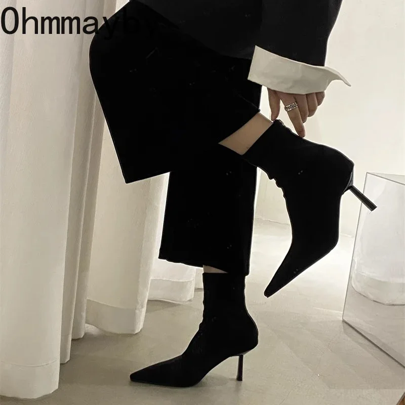 Pointed Toe High Heel Women Stretch Sock Boots Fashion Elegant Modern Short Booties Autumn Laides Dancing Party Shoes