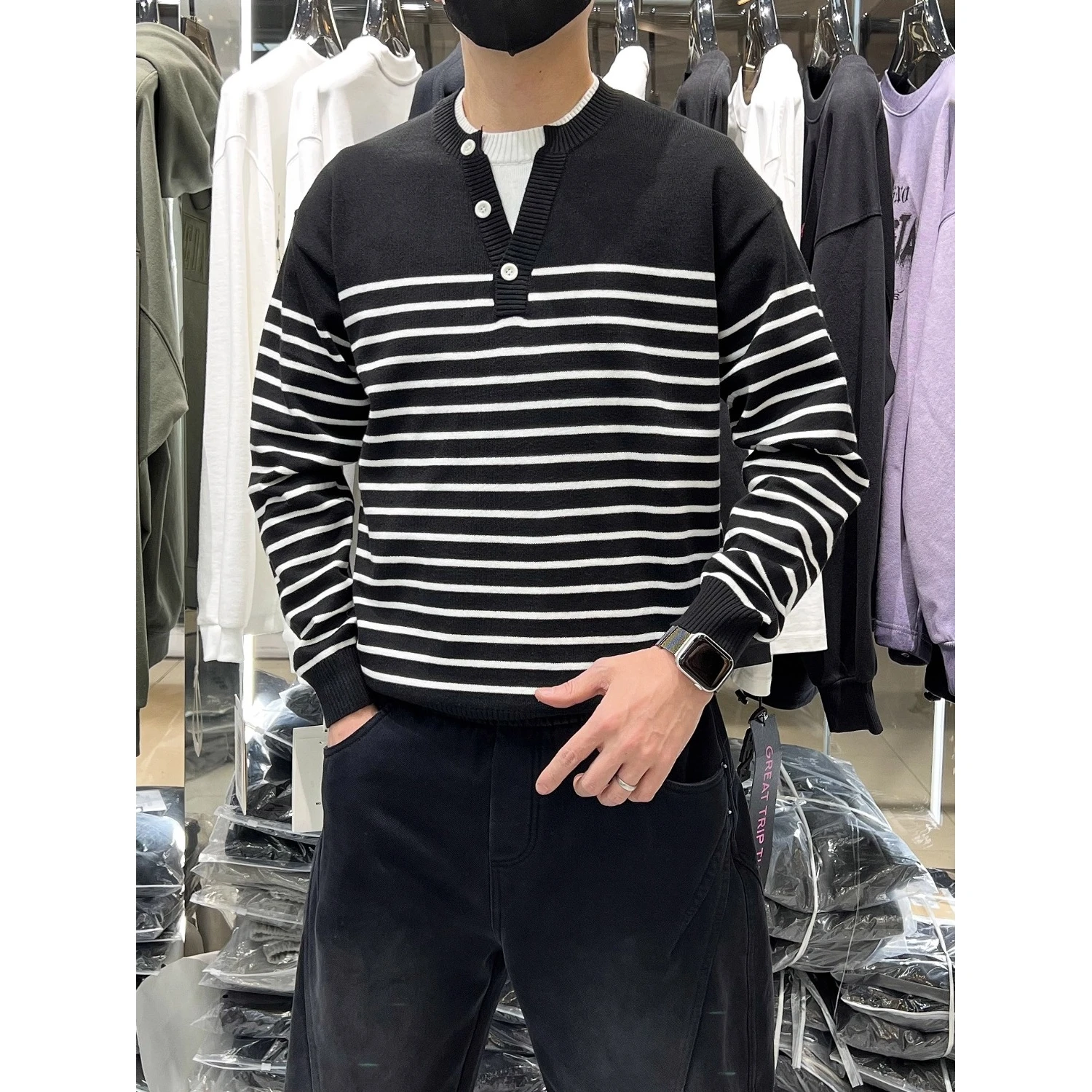

Autumn Winter Large Size Men's Knitted Sweater Striped Long Sve Overhead Casual Sle Faionable Polyester Fiber Blend
