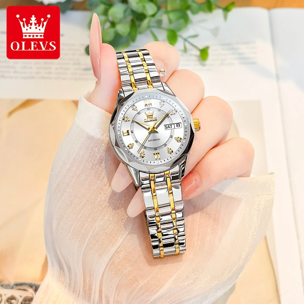 OLEVS 6727, женские часы, автоматические механические часы из нержавеющей стали, водонепроницаемые часы с календарем и неделей для женщин, роскошные элегантные новые