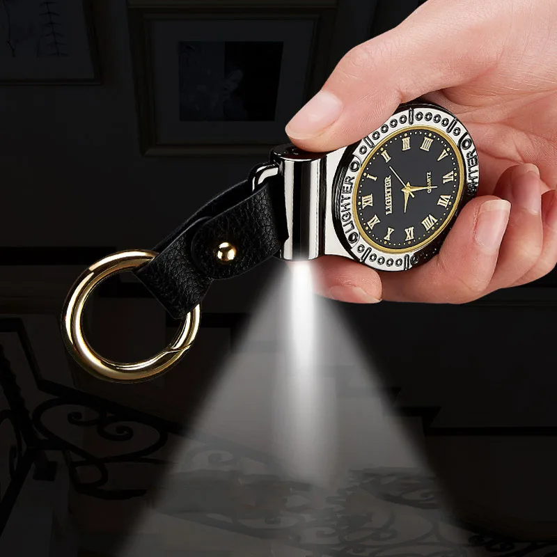 Outdoor Multifunctional Charging USB Pocket Watch Lighter Watch Car Keychain Cigarette Lighter Camping Tool Emergency Flashlight