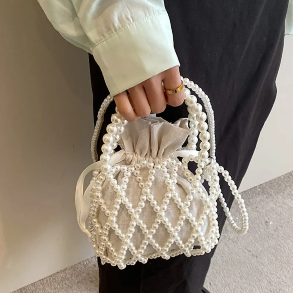 Pearl Woven Hollow Net Pocket Handbag Summer Pastoral Style Pearl Drawstring Pocket Sweet Beaded Women Shoulder Crossbody Bag