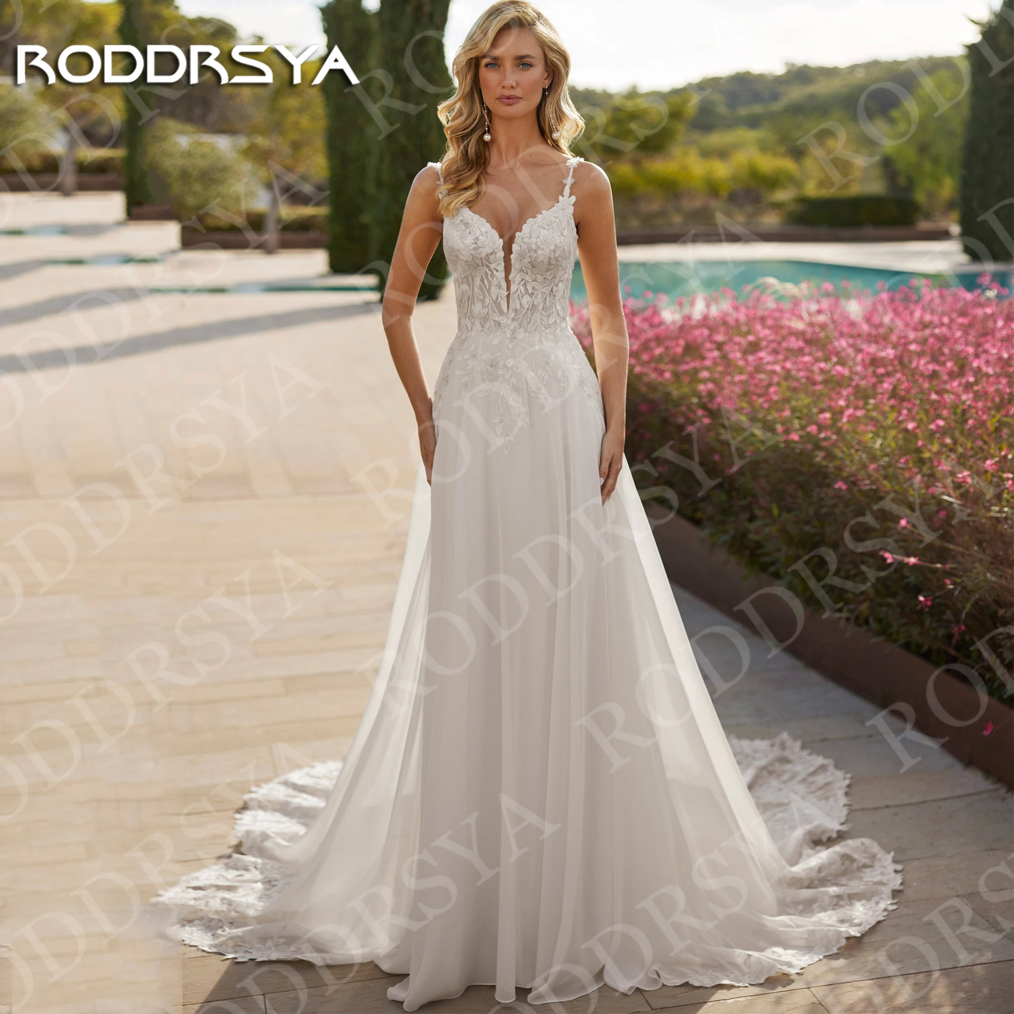 

RODDRSYA Bohemian Lace Applique Wedding Dresses A Line Romantic V Neck Spaghetti Straps Chiffon Bridal Dress Backless Customized