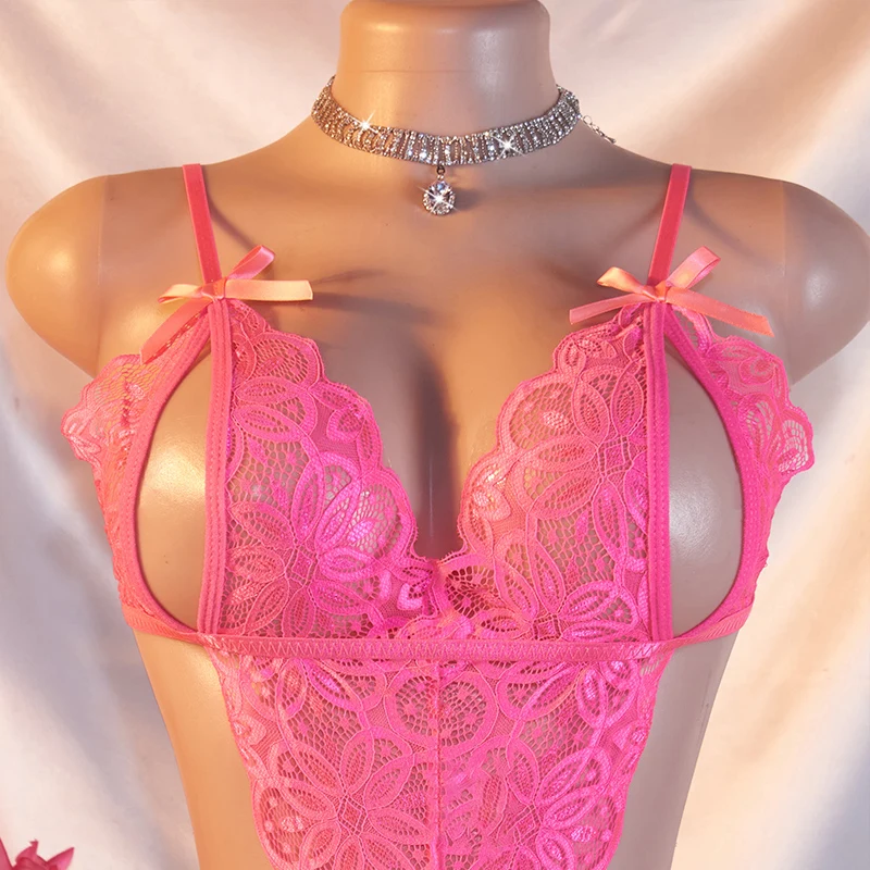 One-piece Hollow Rose Lace Transparent Sexy Lingerie Seduces Exotic Teddy Doll Jumpsuit Erotic Crotchless Sex Clothes Bodysuit view 4