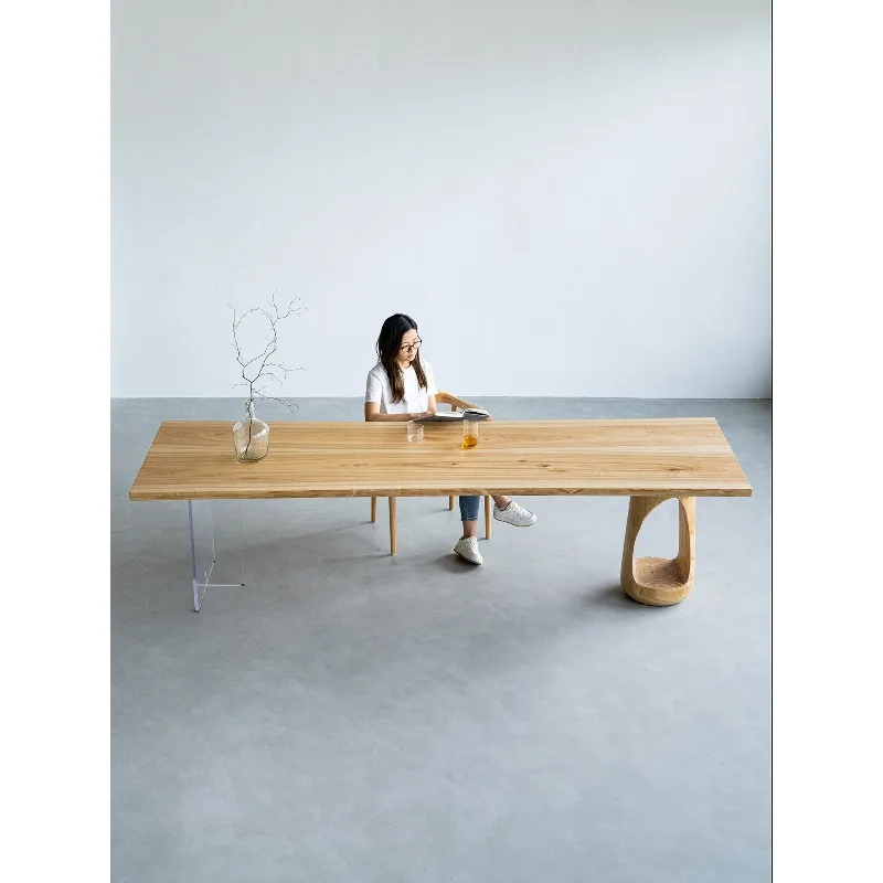 Log wind solid wood dining table ash wood natural edge double fight large board table