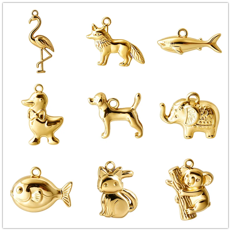 4pcs Stereoscopic Animal Charm Elephant Fox Duck Gold Color Stainless Steel Pendants For Jewelry Making Supplies DIY Accessories