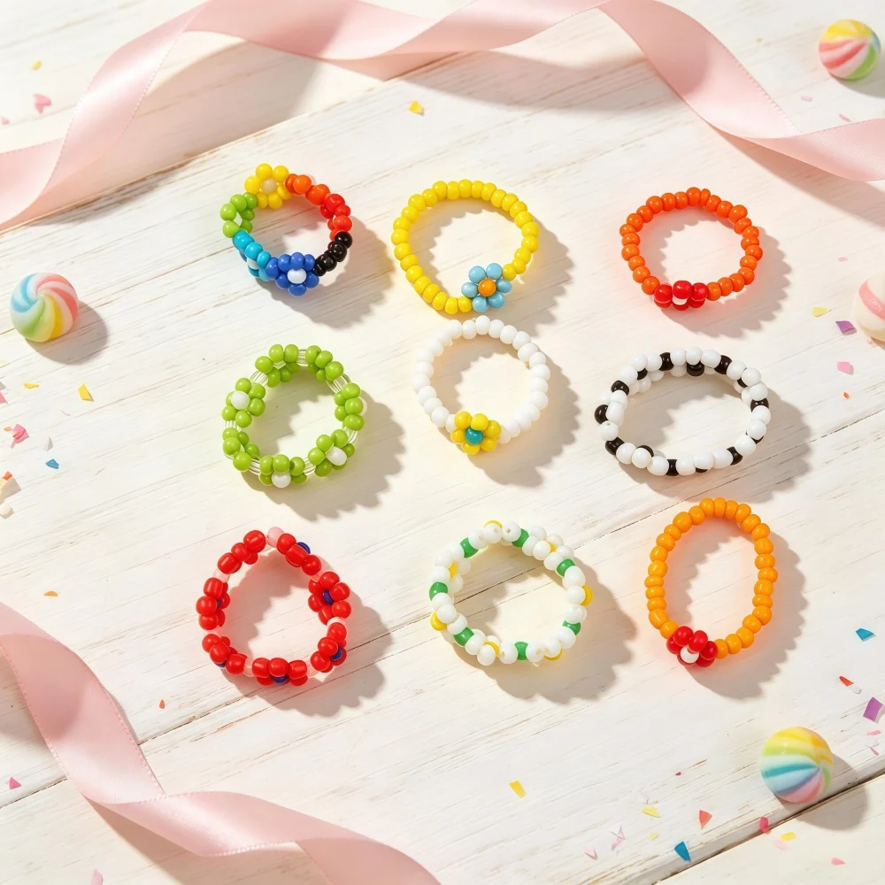 12Pcs/Lot Colorful Bohemian Handmade Beaded Woven Flower Bear Stacking Rings A Perfect Gift for Women's Beach Vacation Jewelry