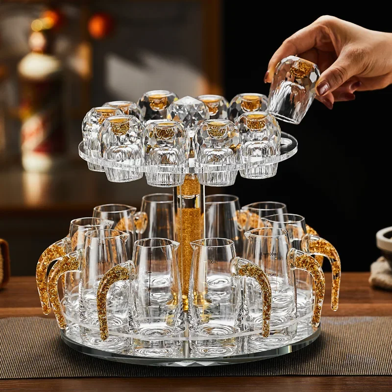 Gold foil white wine glass set home crystal glass wine separator with scale creative rotating cup rack luxury.