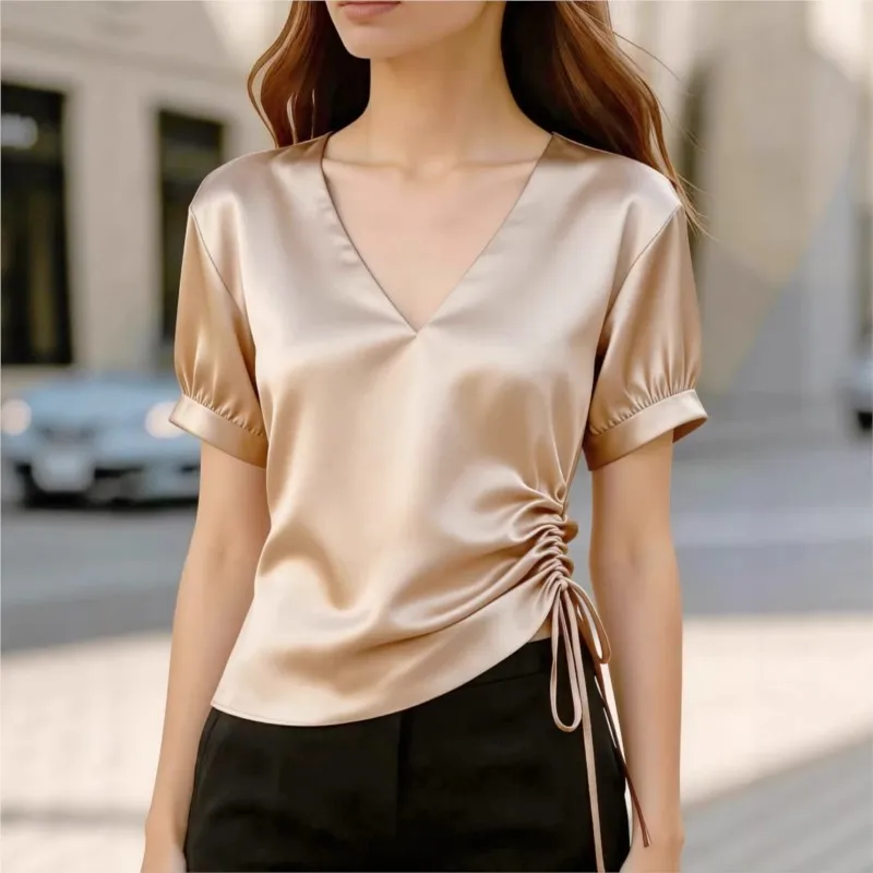 

Women's Summer Tops Shirt Casual Loose V-Neck Short Sleeve Office Lady Fashion Commuter Asymmetrical Drawstring Shirt Work Wear