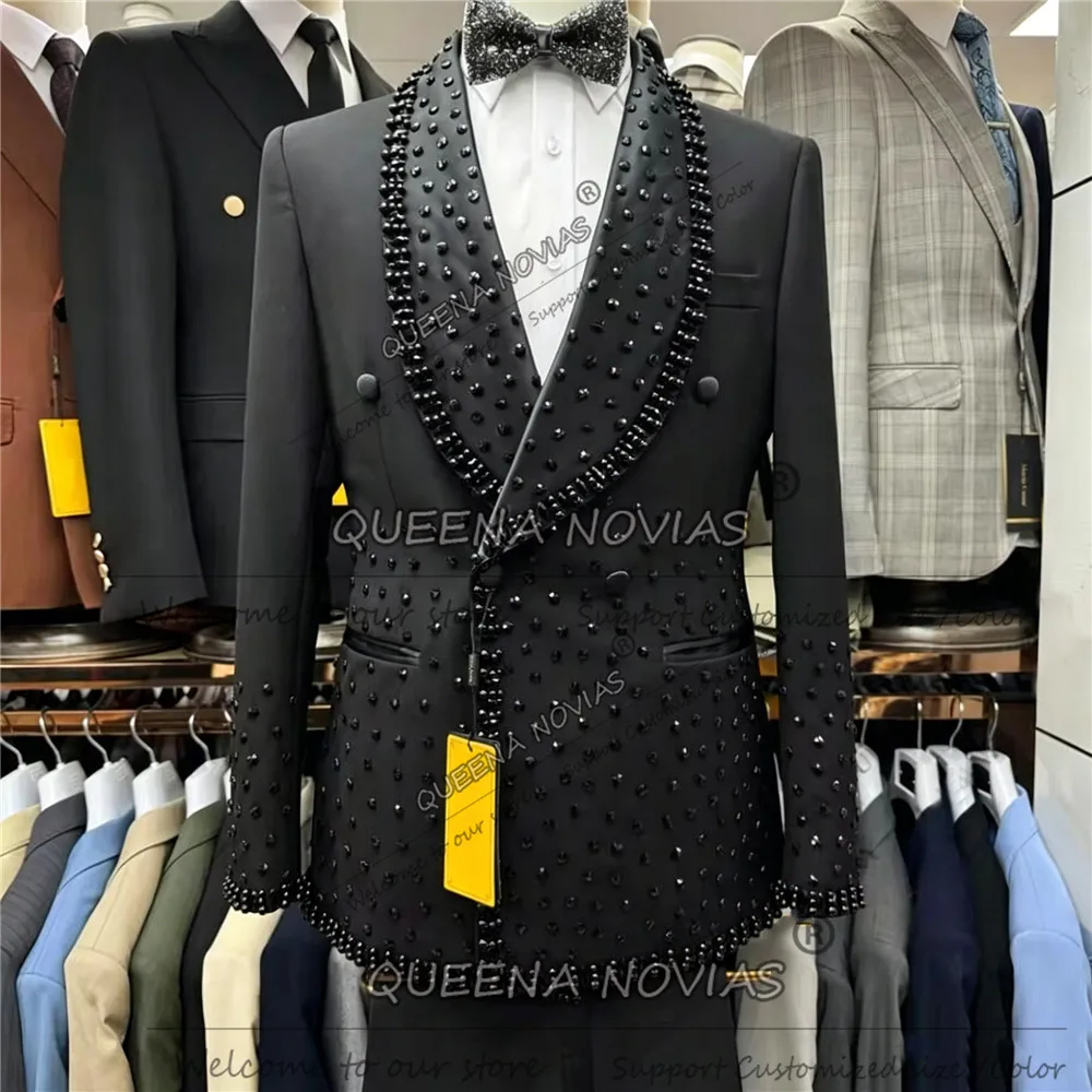 

Luxury Diamond Beaded Suit Men For Wedding Double Breasted Jacket Pants 2 Piece Sets Groom Tuxedos Slim Fit Groom Prom Tuxedos