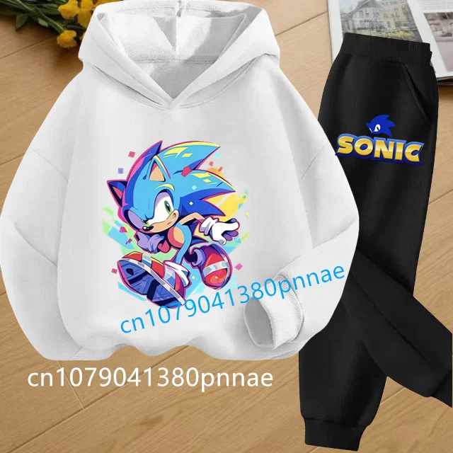 

Boys and Girls Aged 3-13 Children's Anime Cartoon Sonic Letter Printed Autumn/Winter Warm Two Piece Hoodie+Pants Sports Set For