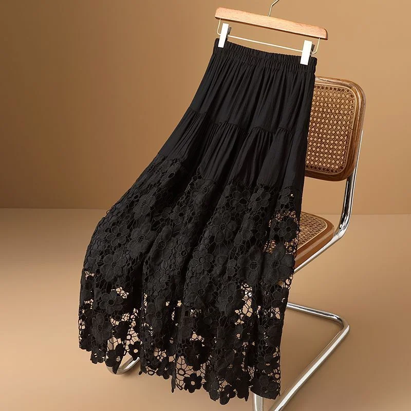 Vintage All Match Hollowed Out Summer Lace Midi Skirt Embroidered and Spliced Solid Color Temperament Long Skirt with High Waist