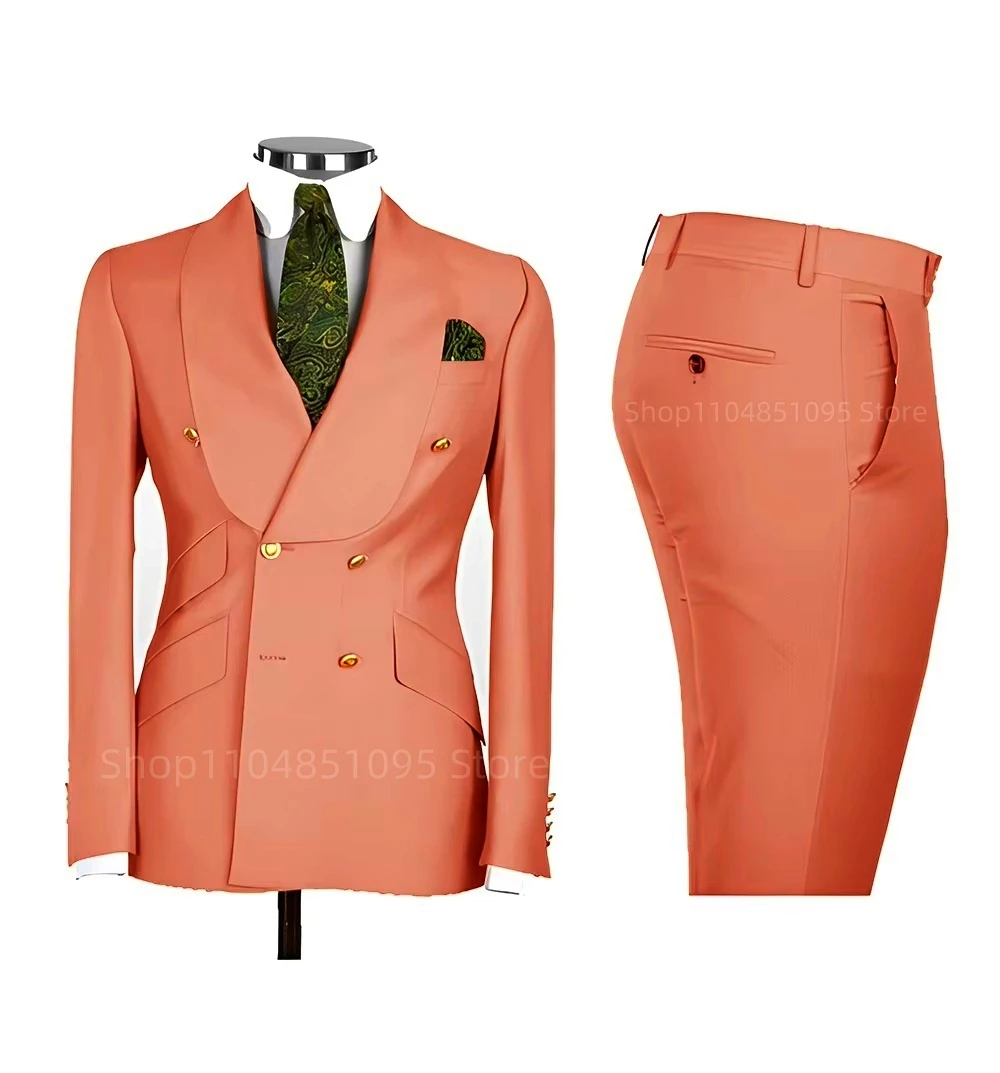 

Elegant Men's Suits 2 Piece Set Six Gold Buttons Double Breasted Blazer Pants Business/Wedding Tuxedos Male Prom Party Men Suits