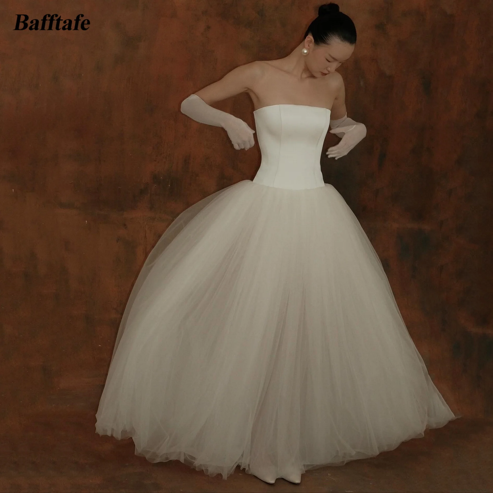 

Bafftafe Ivory Satin Tulle Customized Wedding Dresses Strapless Simple Bridal Gowns Long Korea Bride Wedding Photography Dress