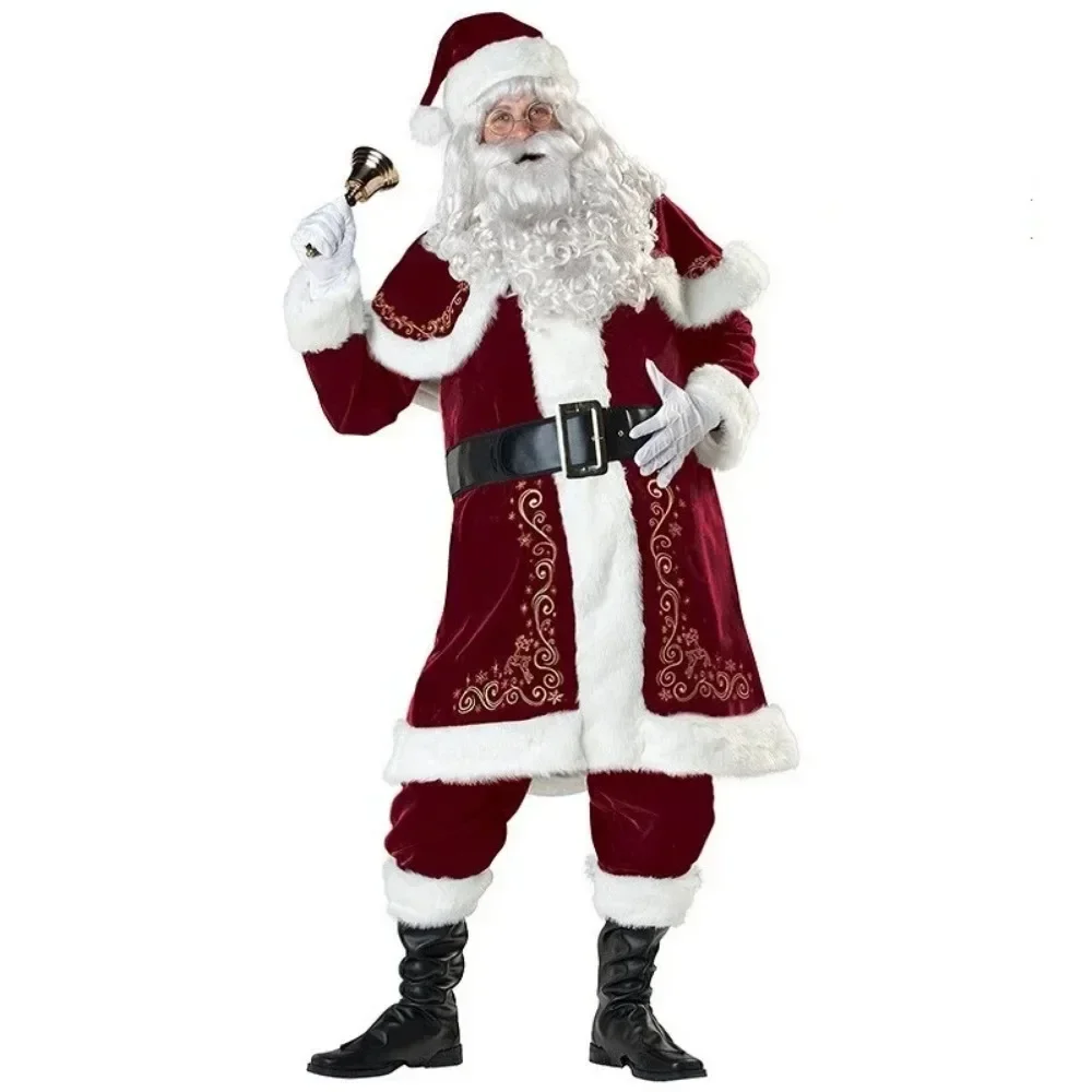 Santa Claus Cosplay Costume Red Deluxe Velvet Fancy Xmas Set Men Family Costume Xmas Suit Adult New Year Christmas Party Props