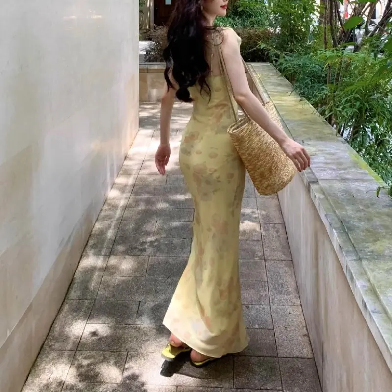 2025 New Summer Floral Print Plunge Maxi Dress Outfits Sexy Backless Fairy Sun Dresses Vacation Beachwear Vestido Coquette