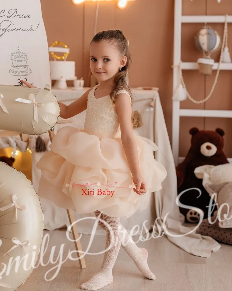 

Роскошное платье цвета шампанского для девочек с бантом, пышные вечерние платья для девочек на свадьбу, атласное детское рождественское церемониальное платье без рукавов