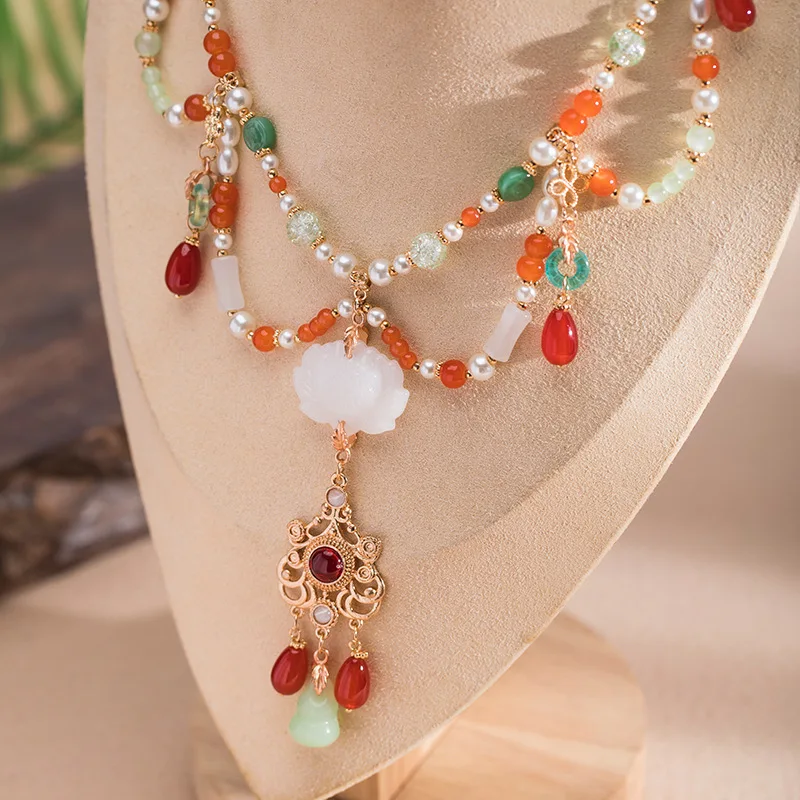 Collar antiguo Hanfu, gargantilla de estilo exótico para mujer, accesorios de boda chinos, colgante de cuentas rojas, cadenas Sof, joyería Vintage