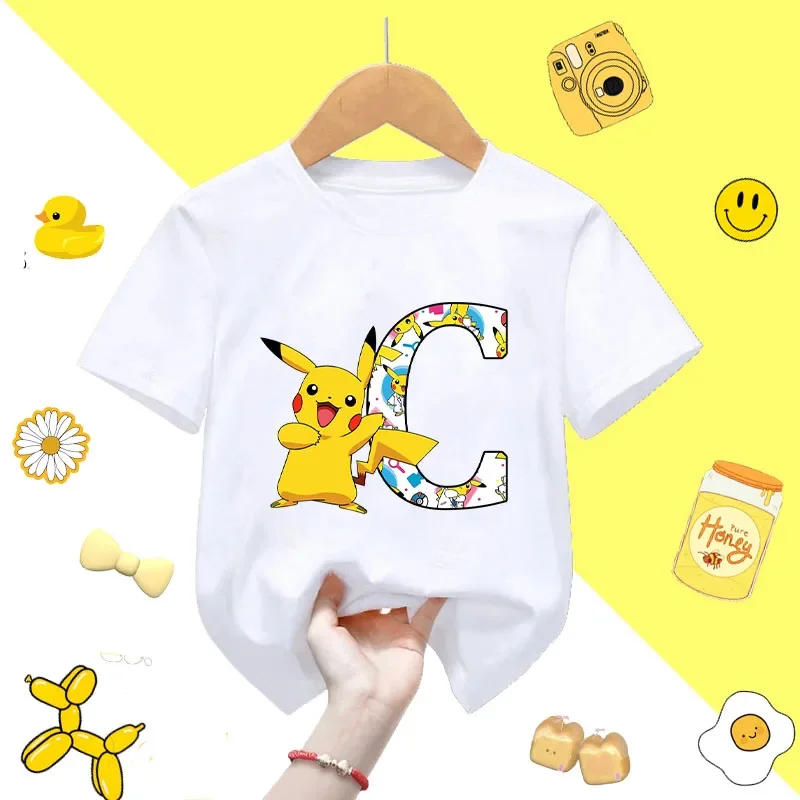 البوكيمون بيكاتشو قصيرة الأكمام تيشيرت صيفي بلايز القطن المحملة أنيمي A-Z رسائل مطبوعة ملابس لطيف الأطفال ملابس كاجوال هدية #4