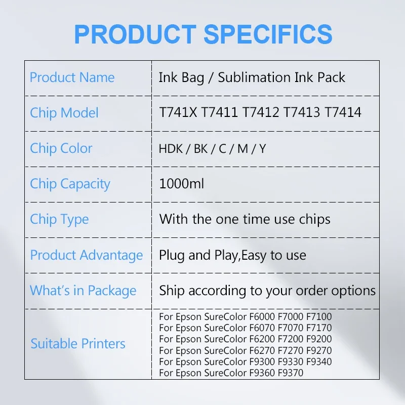 Paquete de tinta de sublimación para impresora Epson, paquete de tinta de 1000ML, T7411, T7414, T741X, para Epson SureColor F6000, F6070, F6200,