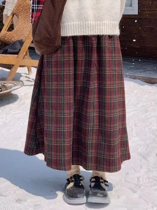 

Retro Red Plaid Skirt Women's High Waist A-Line Skirt Cisas New Year Slimming Cotton Blend Ci Commute Skirt