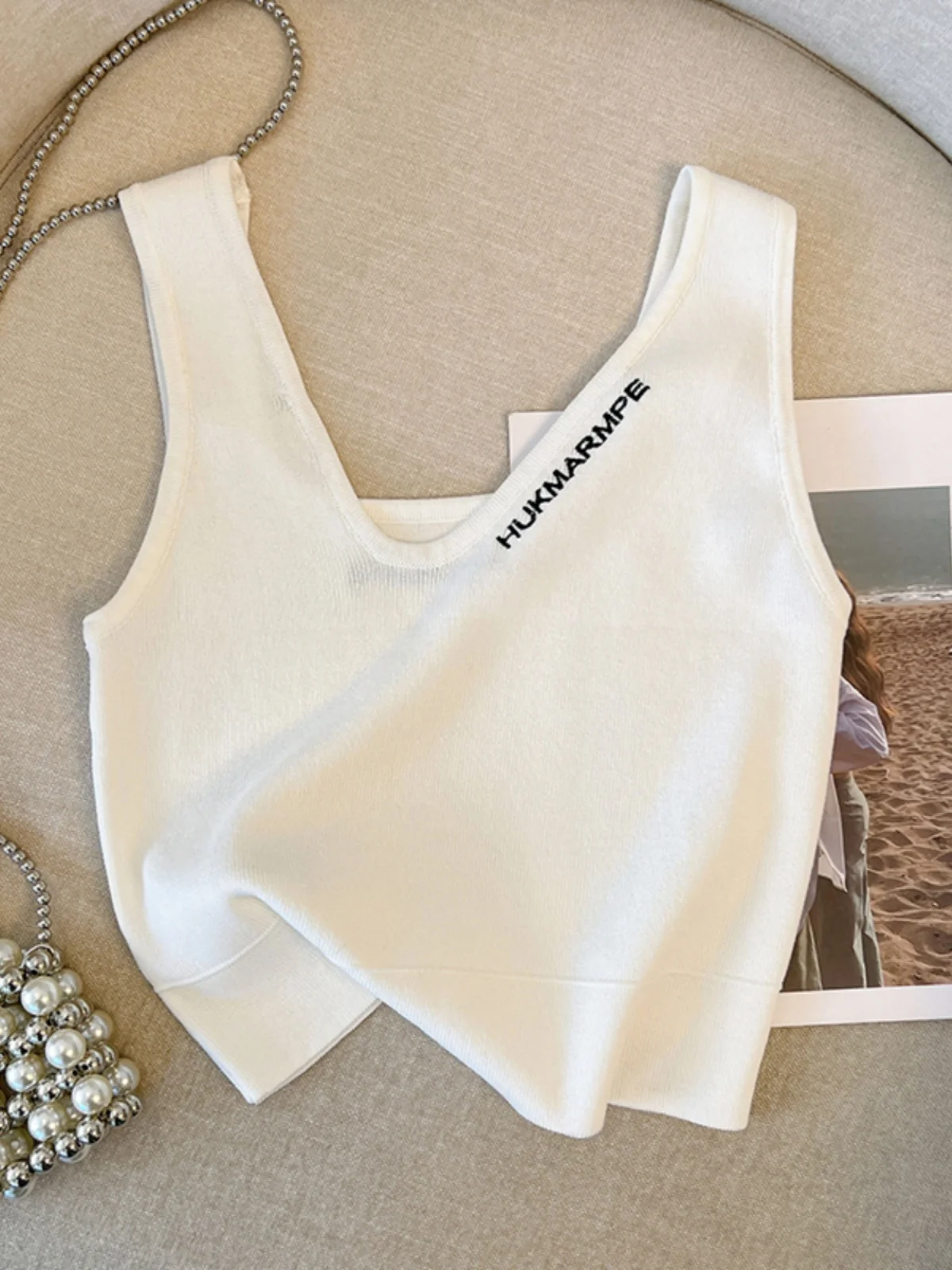 자수 니트 조끼 여성 이너웨어 아우터웨어 슬림핏 레터 자수 탑 여름 패션