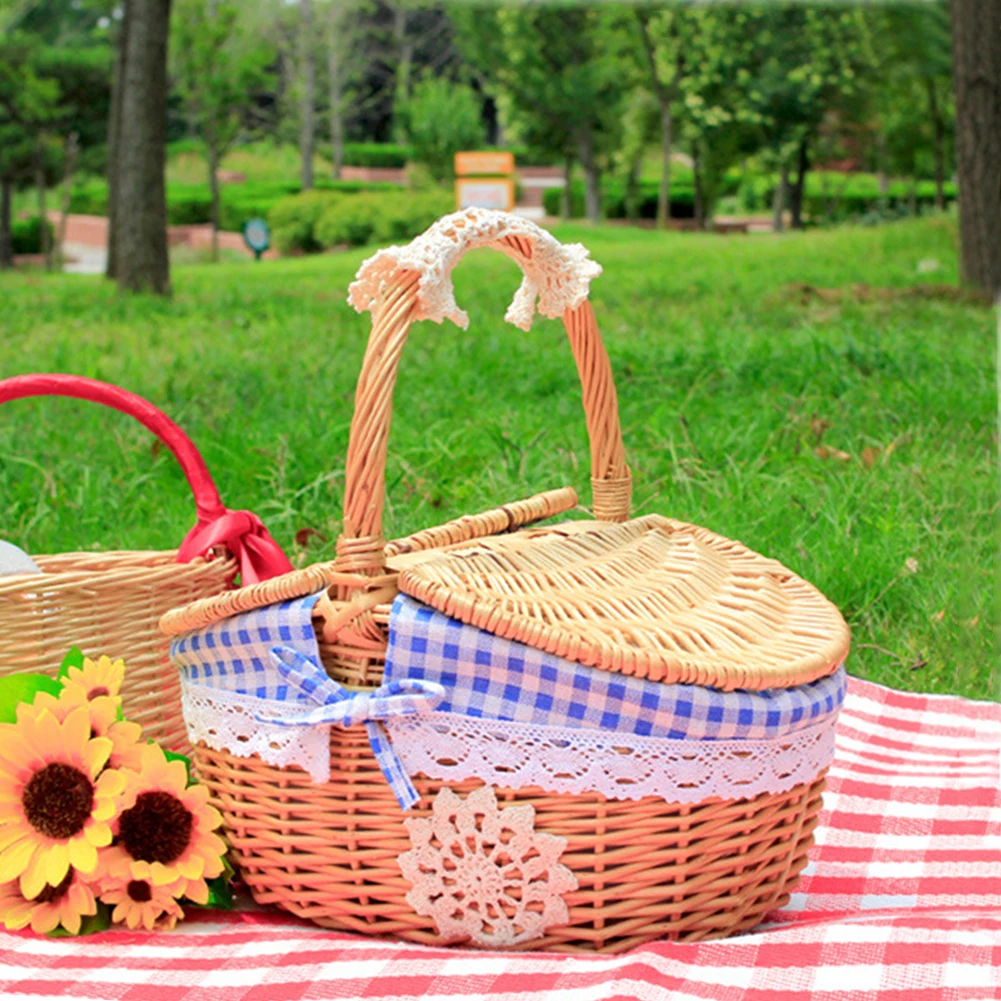 

Wicker Picnic Basket with Liner Woven Basket with Lid and Handle Small Rattan Picnic Basket Vintage for Outdoor Picnic Camping