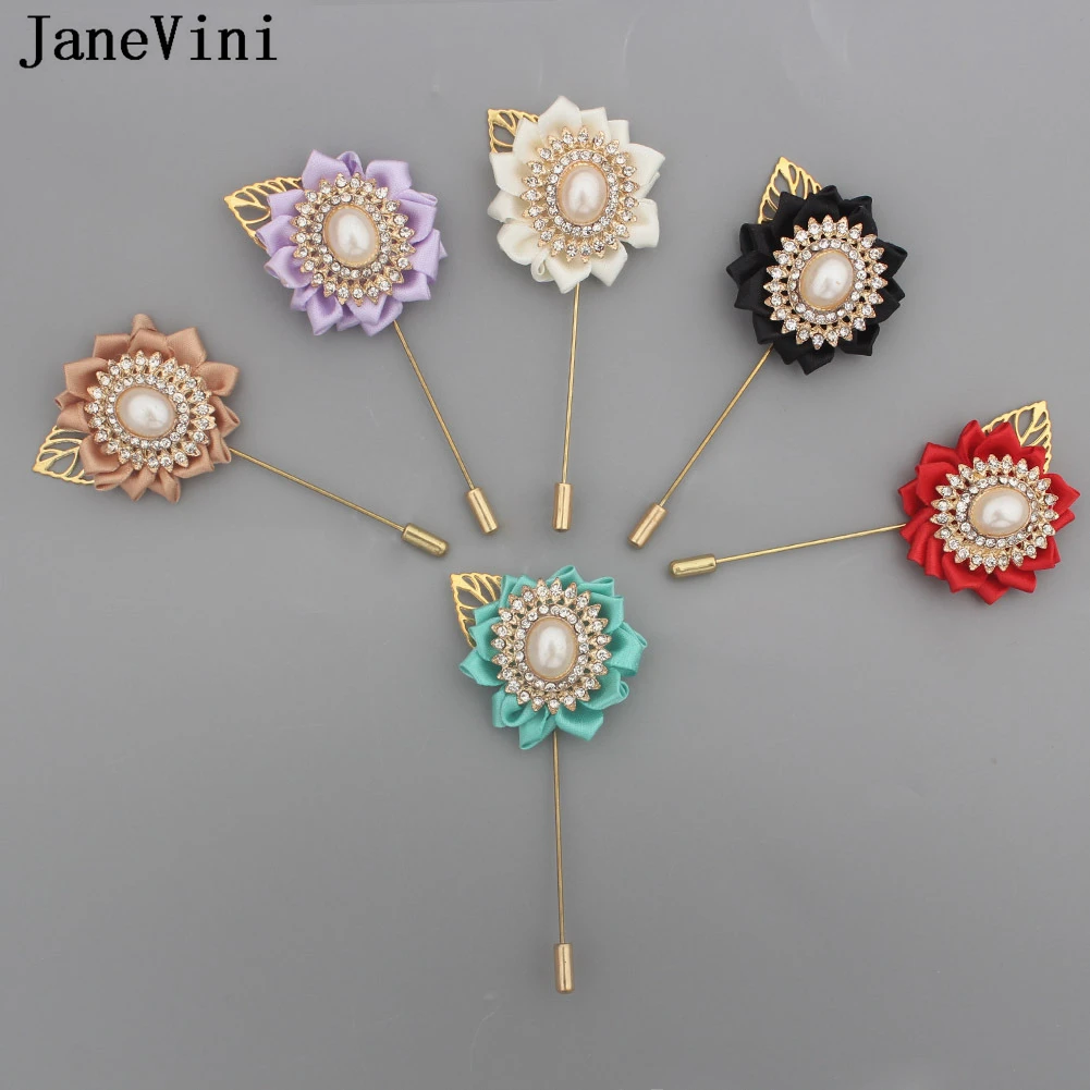 JaneVini Men Wedding Suits Groom Flower Boutonnieres Lapel Pins Crystal Wedding Corsage Suit Buttonhole Roses Gold Leaves Brooch