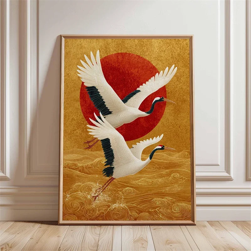 Multiple sizes 1pc frameless Canvas Painting,Asian Bird Flying Crane Poster Japanese Wall Art Canvas Painting Red Crowned Crane
