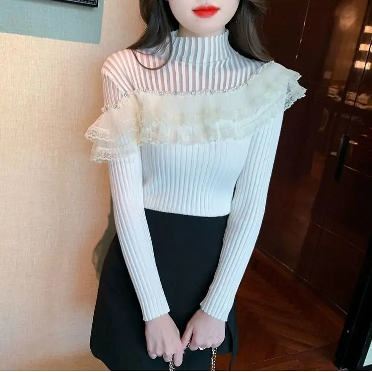 2023 Autumn Winter Ruffles Edge Solid Color Turtleneck Women Clothes Fit Leisure Elegant Beaded Long Sleeved Knitting Shirts