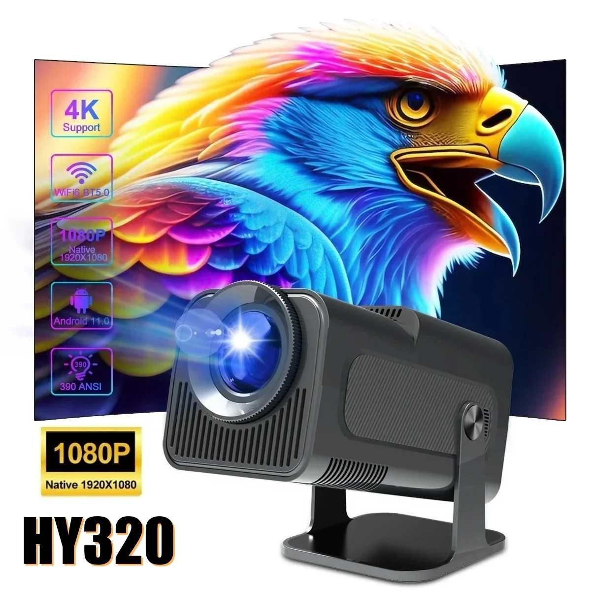 HY320 HD Projector Android 11 Dual WiFi6 BT5.0 400ANSI 1080P180 rotation Immersive Cinema Outdoor Home Mini Projection