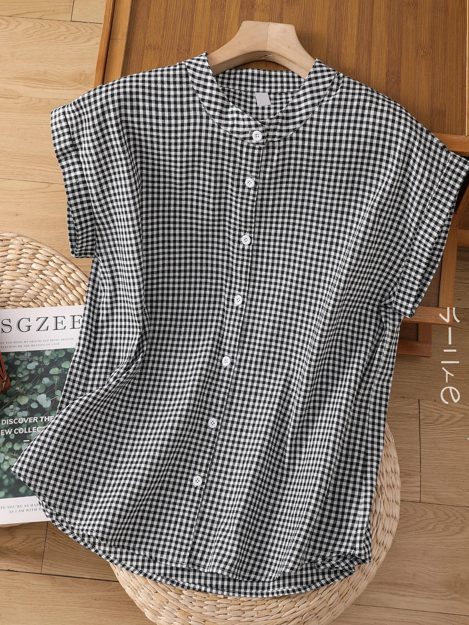 Retro Plaid Baumwolle Leinen Svel irt Frauen Sommer Casual Große Größe Stehkragen Abnehmen Mom Kleine Top Dünne