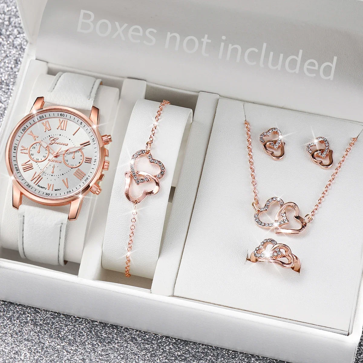 5/6PCS Luxury Women Watches Jewelry Set Fashion Roma Dial Ladies Leather Band Quartz Watch Relogios FemininoWithout Box