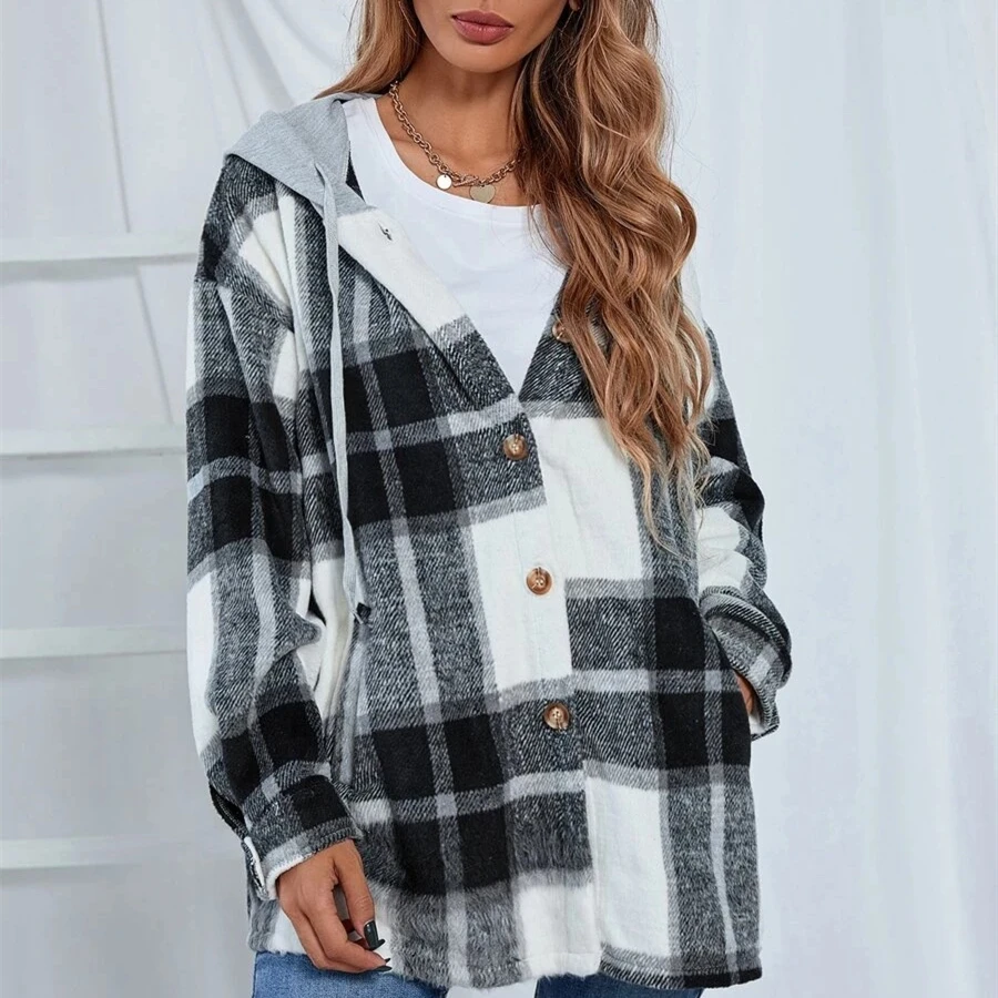 

Fashion Women Winter Autumn Plaid Blends Coats Hooded Drawstring Loose Casual Pockets Jackets Lady Outwear Oversized Overcoat