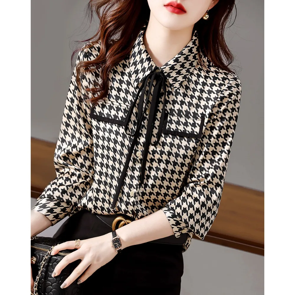 Women\'s S-2XL Size Spring Outfit New Autumn Korean Casual Home Commuting POLO Collar Tie Up Elegant Plaid Shirt