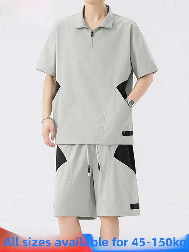 

Повседневный спортивный комплект большого размера, мужской летний новый тренд, свободный комплект с застежкой-молнией ort Sve orts, комплект из двух предметов, полиэфирное волокно