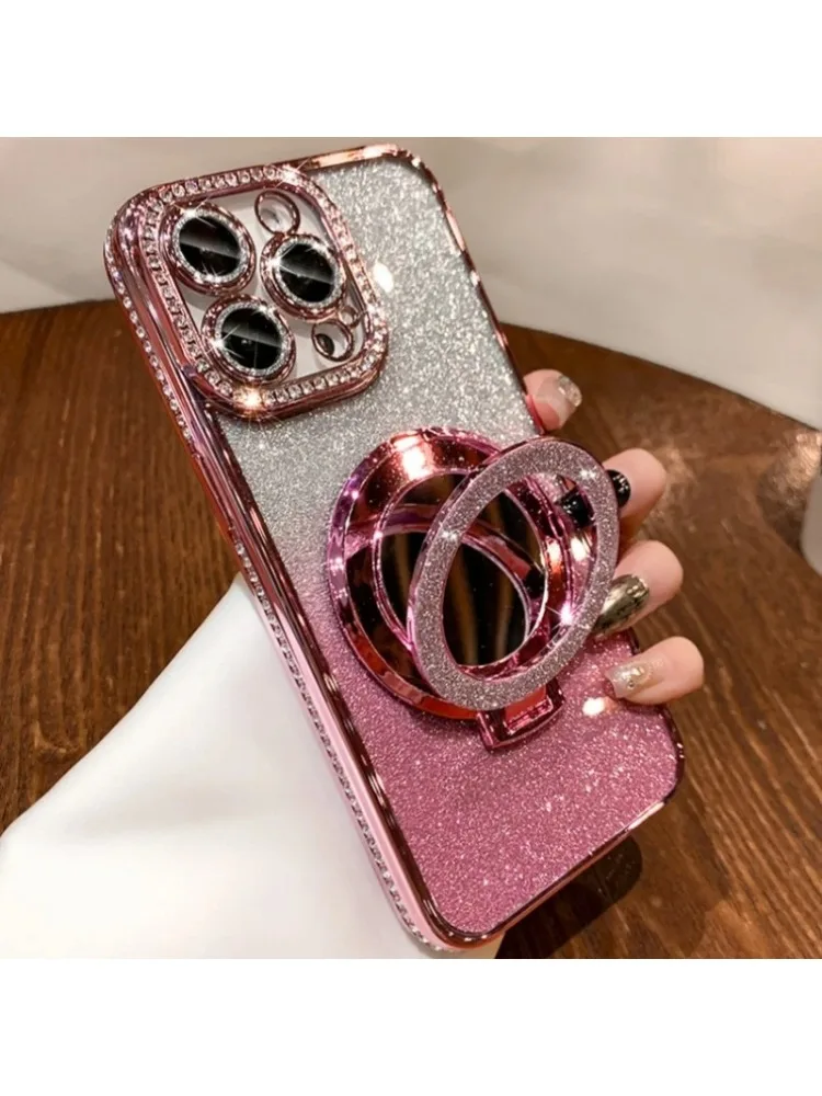 Luksusowa obudowa z powłoką galwaniczną, lustrem, uchwytem i diamentową ramką do iPhone 16E Pro Max, pasuje również do iPhone 11 12 13 14 15 16 Plus 17 Air Cover — zdjęcie produktu 7