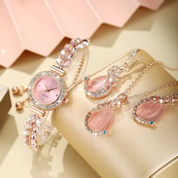 3pcs Korean Women's Full Diamond Elegant Versatile Wrist Watch Peacock Jewelry Set Quartz Watch