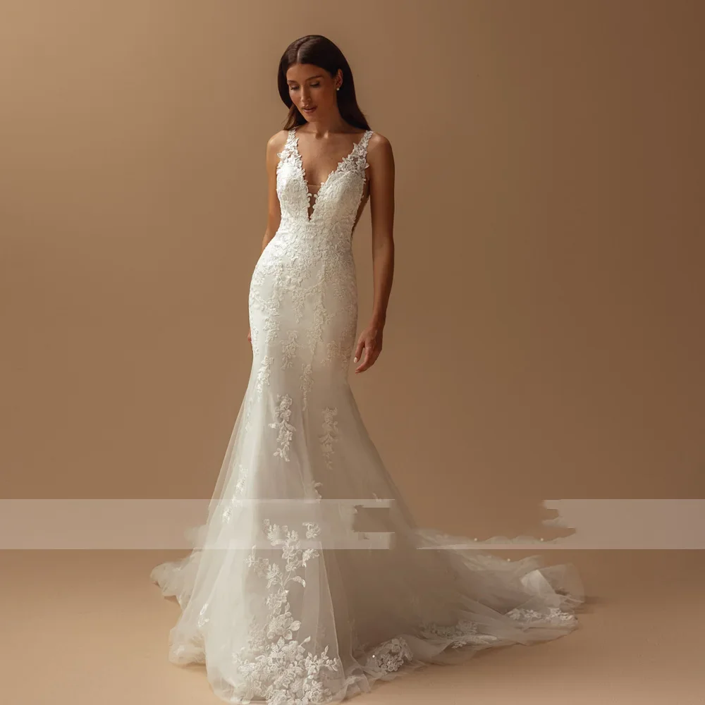 Flavinke Angepasst Meerjungfrau Sexy Brautkleider V-ausschnitt Ärmellose Vestido De Novia Spitze Stickerei Vintage Made Robe De Mariee