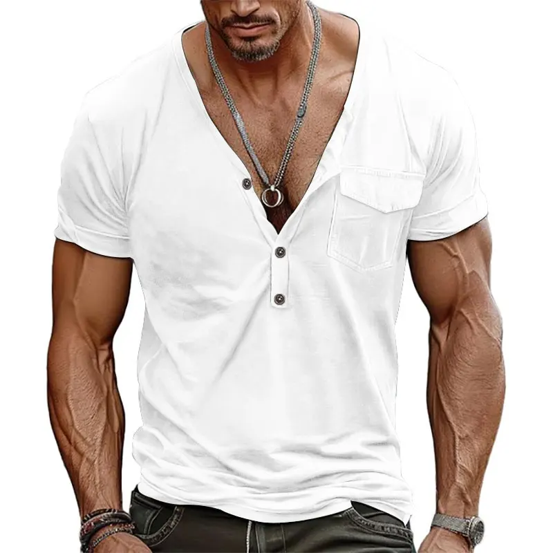 Men\'s Solid Short Sleeve T-shirt With Deep Henley Neck And Breasted Pocket, Casual And Trendy For Summer Leisurewear