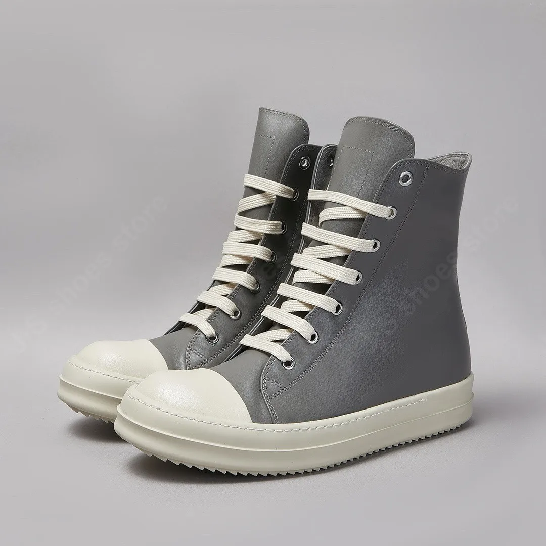 Brand RO Shoes Ricks Men Shoe Women Sneaker Owens High Top Leather Shoes Gray Flat Casual Sneakers Grey Lace Up Zipper Boots